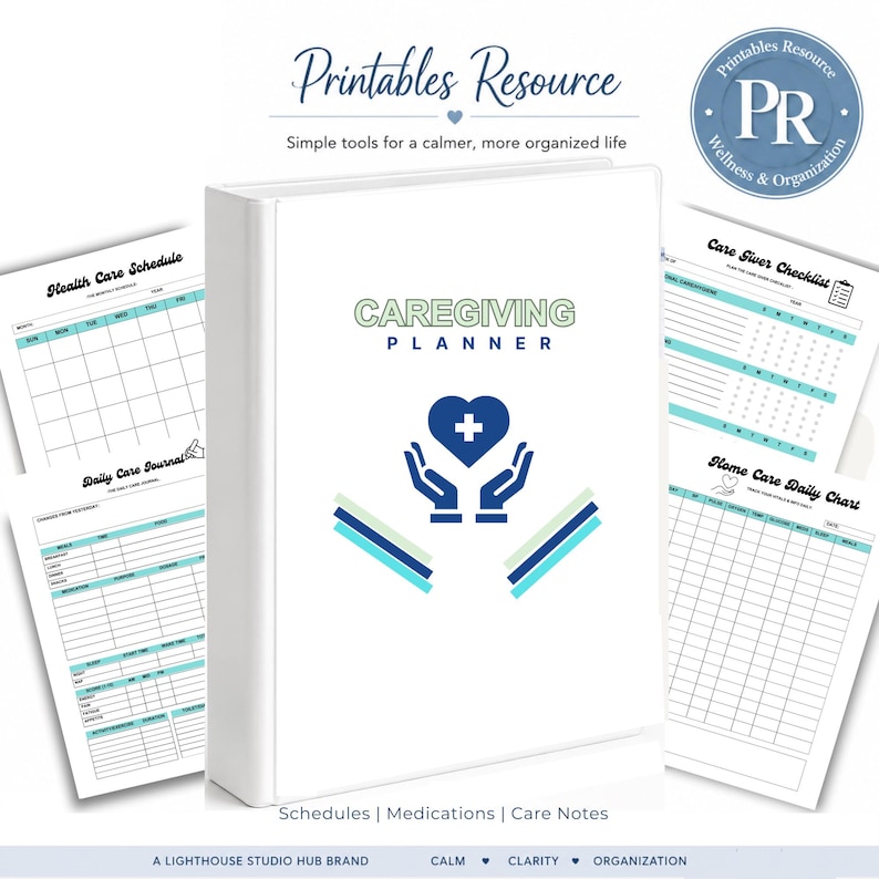 Caregiver binder printable featuring a clean white binder with caregiver cover design and printable caregiving pages for organizing daily care and medical information.