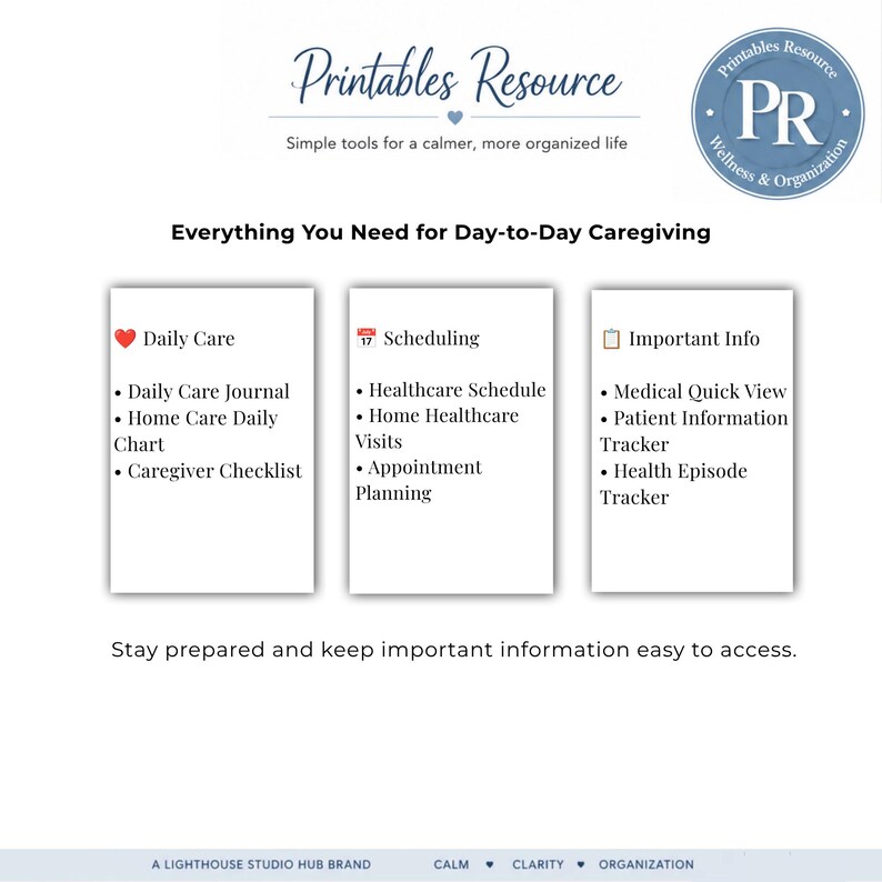 Caregiver planner printable organized into daily care, scheduling, and important information sections for family caregivers and home care support.