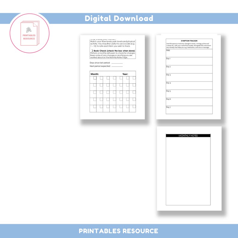 May include: Printable digital download for tracking menstrual cycle, symptoms, and monthly notes. Includes a calendar grid, symptom tracker, and a notes section.