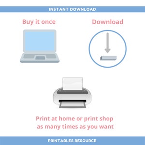 May include: Illustration showing the process of buying and downloading a digital printable. A laptop computer with a blue screen is shown, followed by a downward arrow inside a blue circle, and finally a printer with a sheet of paper in it. The text reads "Instant Download", "Buy it once", "Download", and "Print at home or print shop as many times as you want".