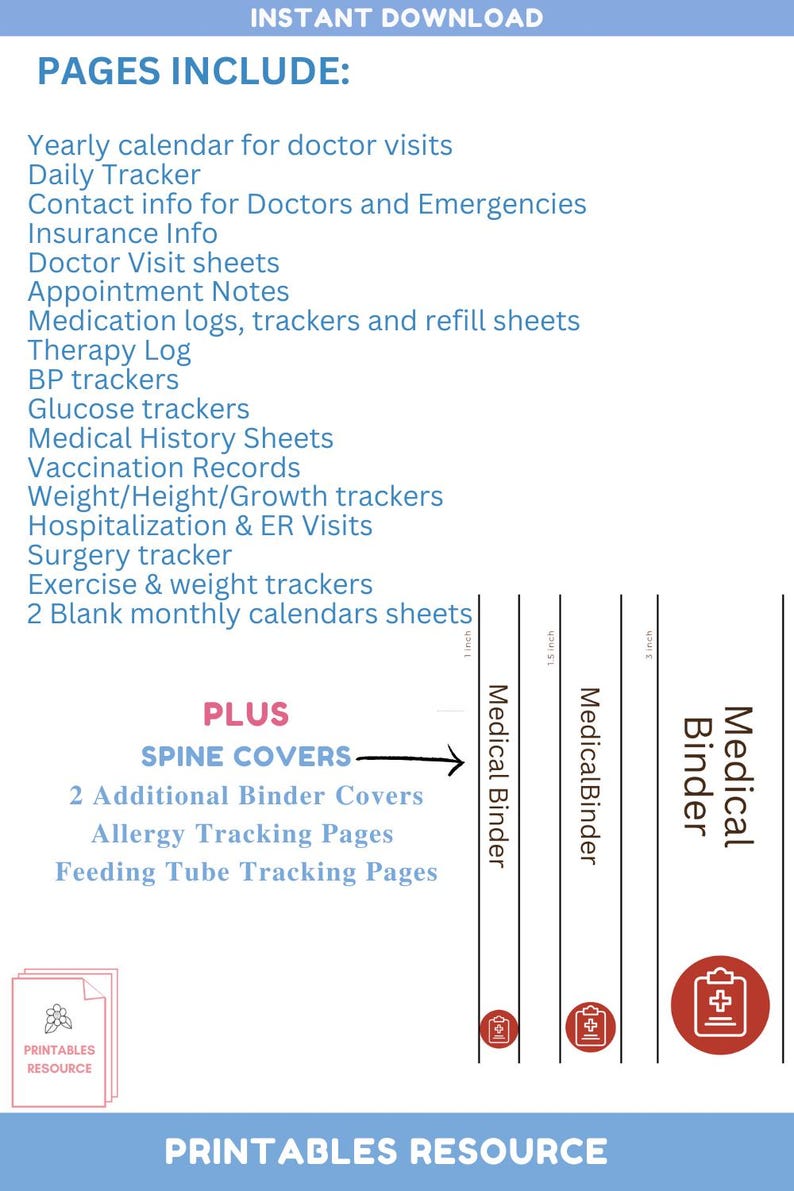 A list of all the pages included in the medical binder planner.