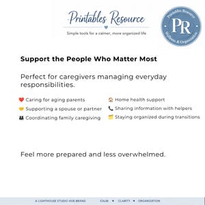 Family caregiver organizer printable designed for aging parents, spouses, home health support, family caregivers, and emergency preparedness planning.