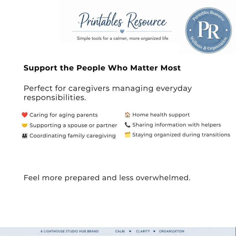 Family caregiver organizer printable designed for aging parents, spouses, home health support, family caregivers, and emergency preparedness planning.
