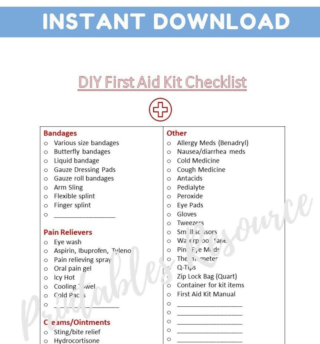 First Aid Kit Checklist DIY Emergency Kit Printable Home Emergency