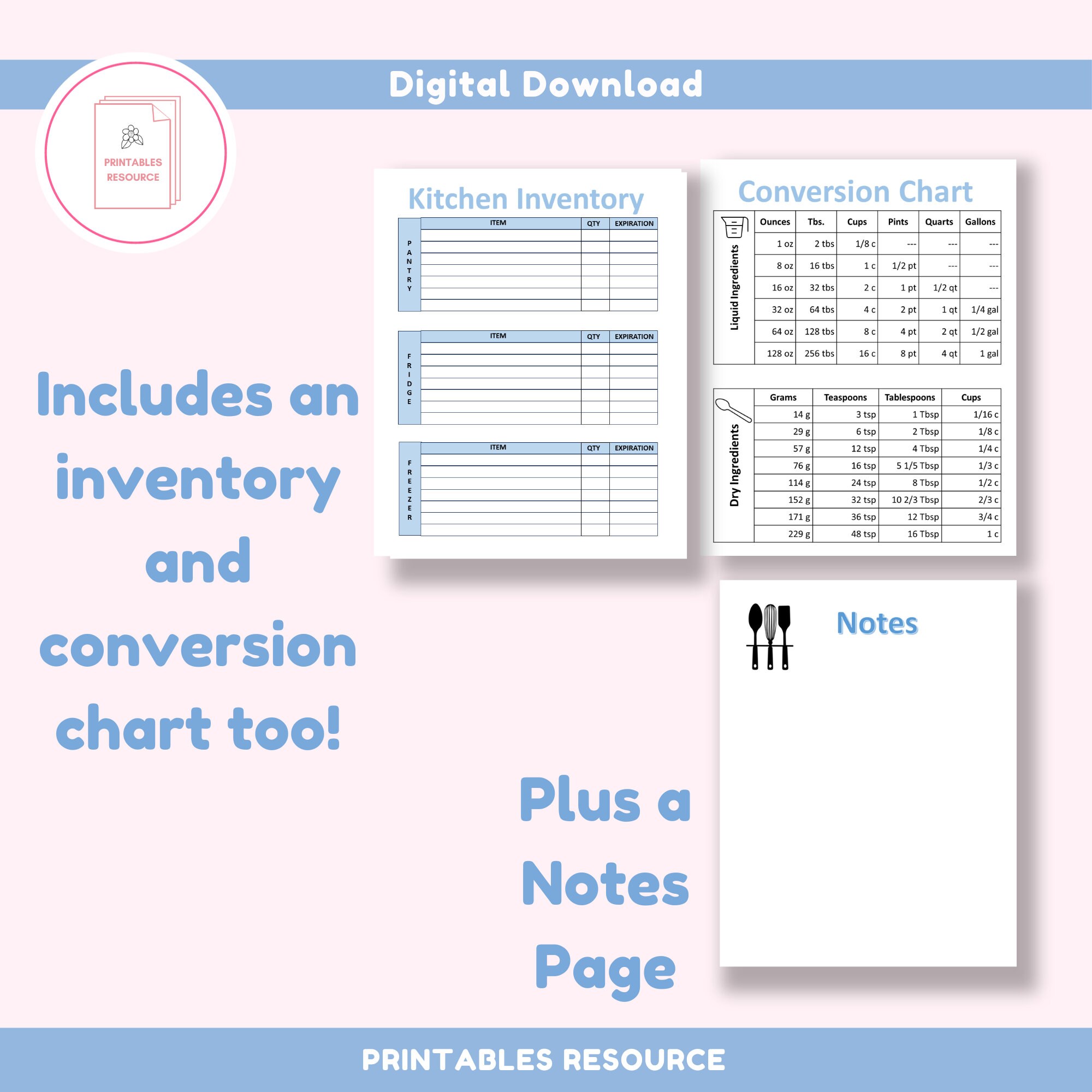 Kitchen Planner Printable Weekly Meal Planner | Conversion Chart ...