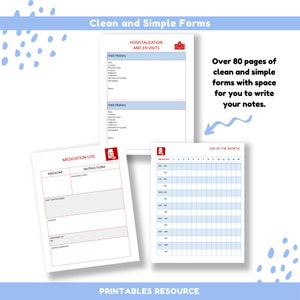 Three sample page inserts are shown. One is for medication tracking, habit tracking and surgery history.