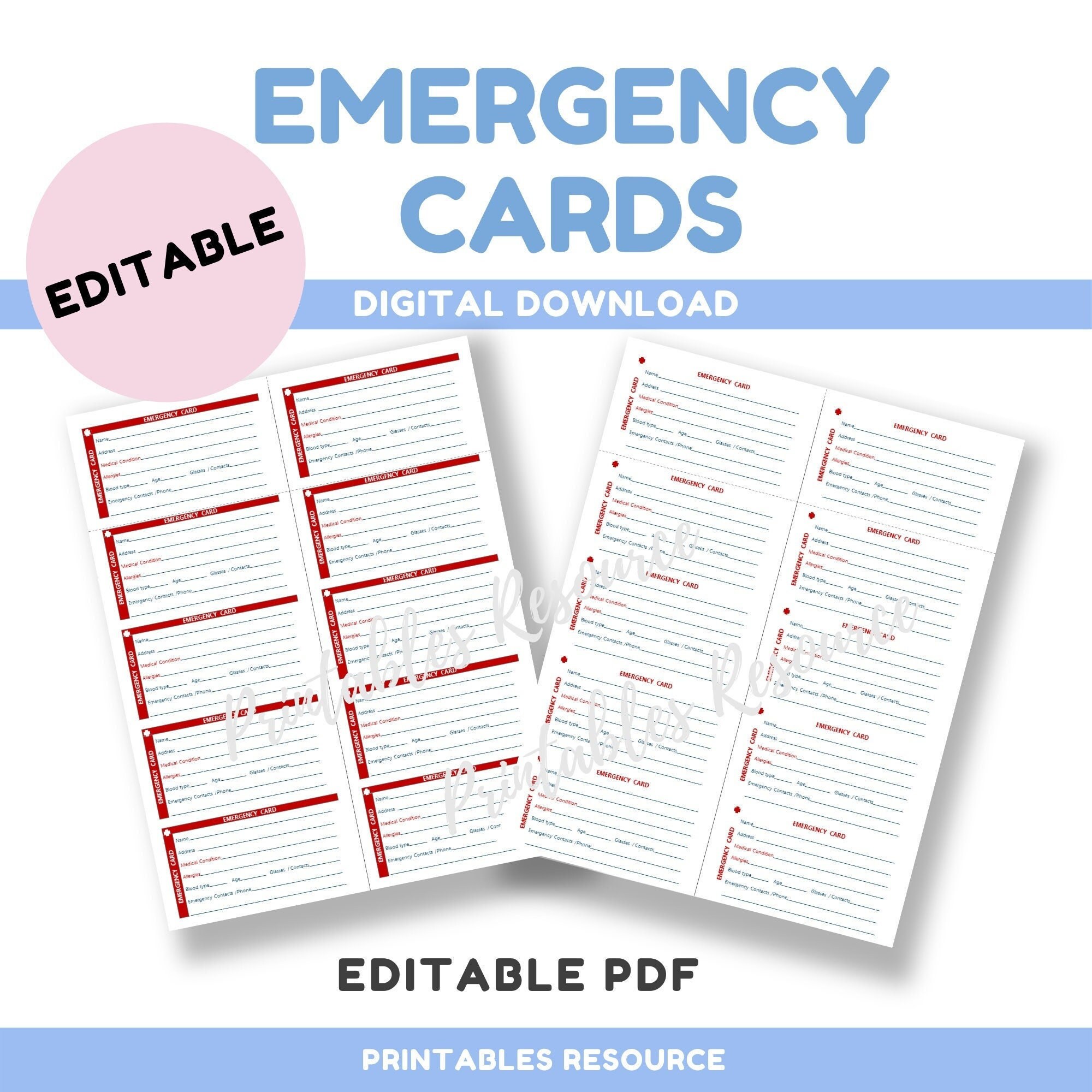 Editable Emergency Wallet Card Editable PDF Digital Etsy