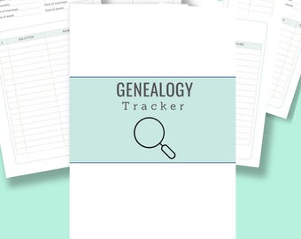 May include: A printable genealogy tracker with a light blue and white color scheme. The tracker includes sections for recording family information, such as names, dates of birth, and relationships. The text "GENEALOGY TRACKER" is printed in bold, blue letters.
