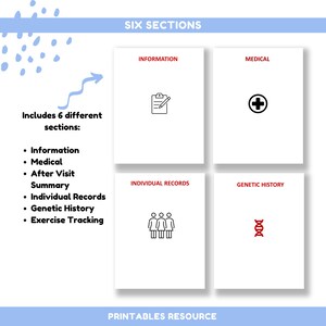 A graphic showing the six areas included in the binder: information, medical, after visit summary, individual records, genetic history, exercise tracking.