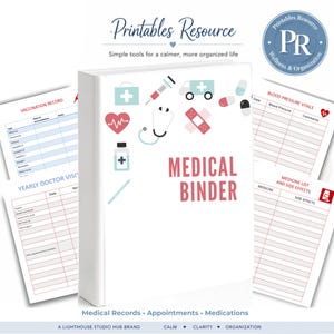 May include: A white medical binder featuring pink text that reads MEDICAL BINDER and various medical icons including a heart, stethoscope, syringe, and bandage. The binder is surrounded by printable pages for vaccination records and vitals.