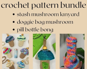 MUSTER Digital Download BUNDLE Gehäkelte Pilz Stash Lanyard, gehäkelte Pilz Hund Tasche Spender, gehäkelte Pill Flasche Vase