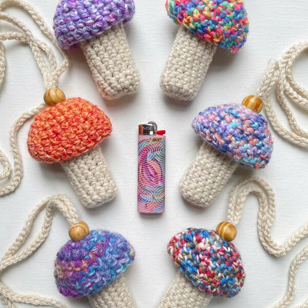 Mushroom Crochet Lighter / Chapstick / Crystal Stash Lanyard - Spring Colors