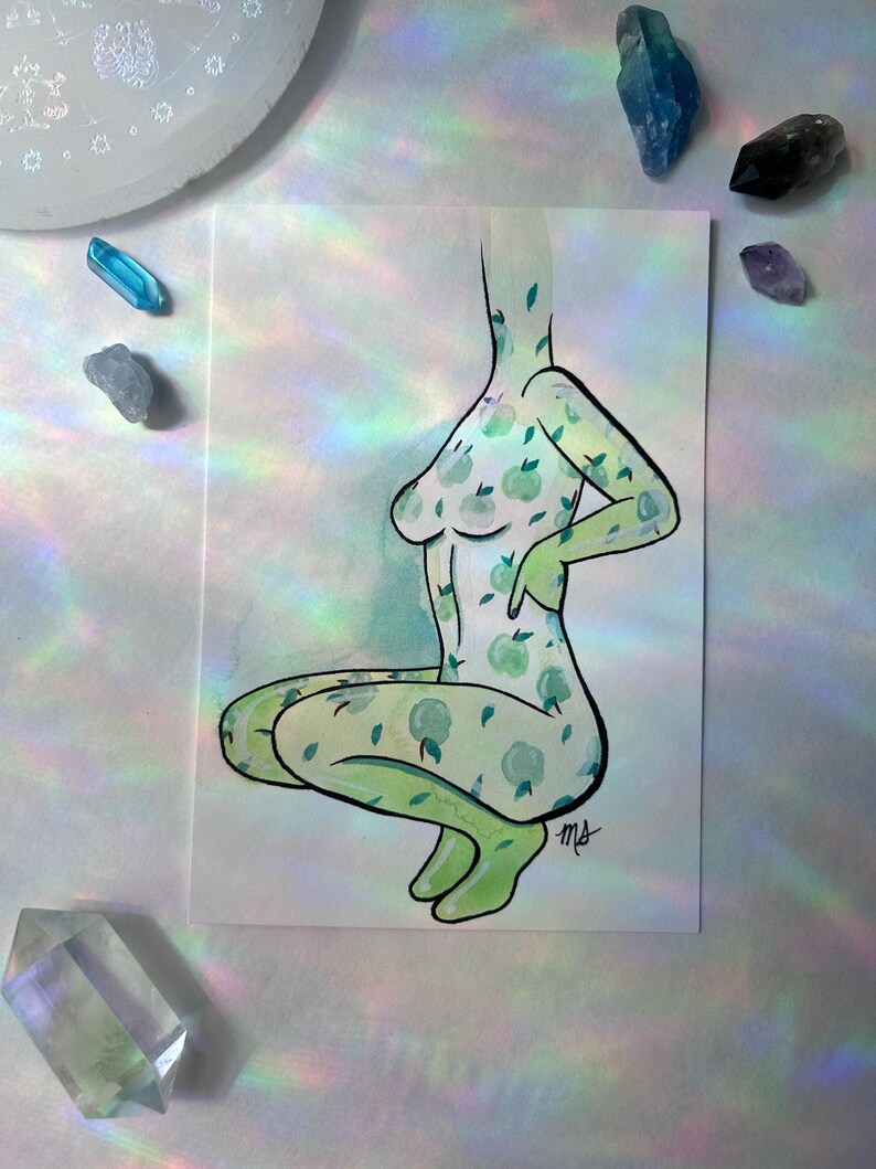 Green Apple Woman Original Artwork 5 X 7 Mixed Media Art Drawing