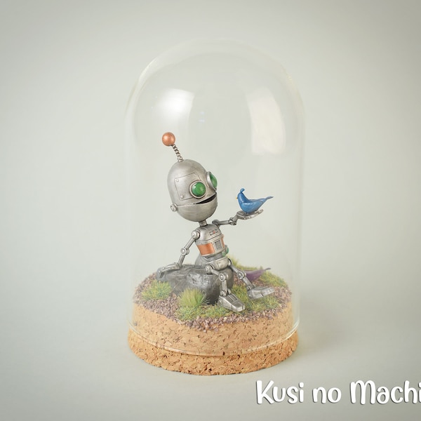 Diorama Cloche Oct'R "Premier contact" Miniature Robot Oiseau