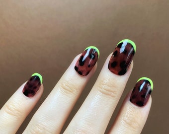 Tortoise Shell + Neon French Tip Medium Length Oval Press-On Nails, Fake Nails, Fall, Gold Glitter