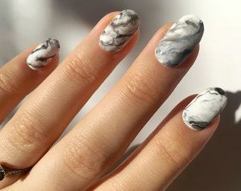 Black Grey & White Marble Medium Length Oval Press-On Nails, Stick On Nails Marbled