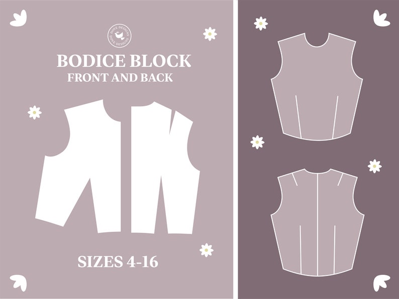 Basic Bodice Block PDF Sewing Pattern Sizes 4-16 Available Info File and Instructions on how to adjust the Pattern image 1