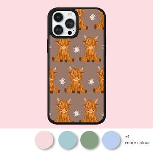 May include: A black phone case with a repeating pattern of cartoon Highland cows in shades of brown and tan, set against a brown background. White star-shaped accents are interspersed throughout the design.