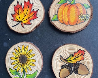 Fall Coasters Set, Hand-Painted Wooden Autumn Drink Coasters, Rustic Seasonal Home Decor, Thanksgiving Gift