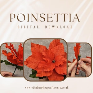 May include: Image featuring a vibrant red poinsettia flower made of paper, with green leaves. The image is divided into three sections, showing the flower from different angles. Text at the top reads "POINSETTIA DIGITAL DOWNLOAD".
