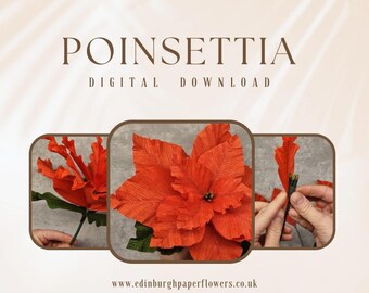 May include: Image featuring a vibrant red poinsettia flower made of paper, with green leaves. The image is divided into three sections, showing the flower from different angles. Text at the top reads "POINSETTIA DIGITAL DOWNLOAD".