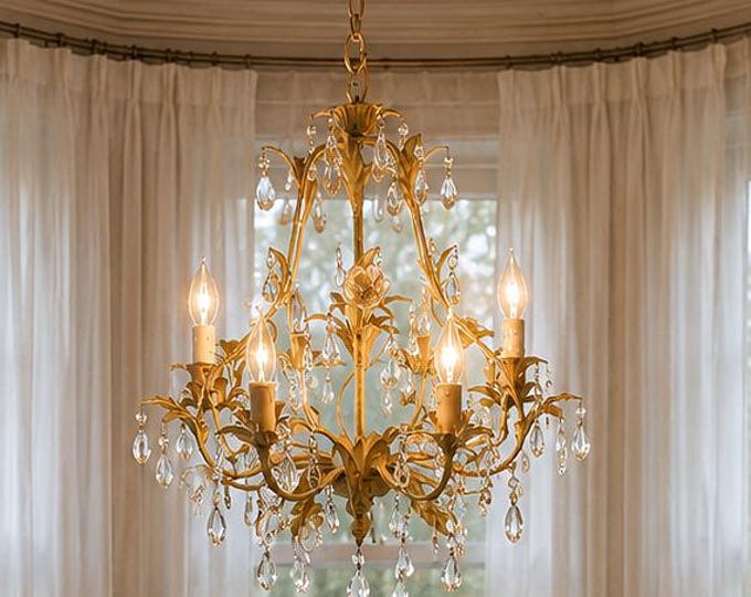 Vintage Italian Tole Crystal Chandelier 6 Lights Hand Blown Glass Flowers