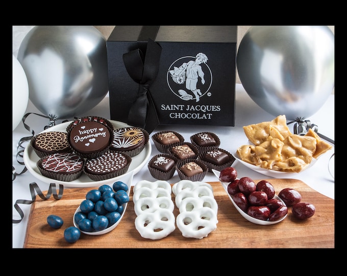 Happy Anniversary Food Gift Box: Chocolate Dessert Assortment for Two, Personalized Card, Hand Wrapped