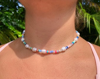 Mother of Pearl Necklace Polymer Clay Disc Bead Necklace Summer