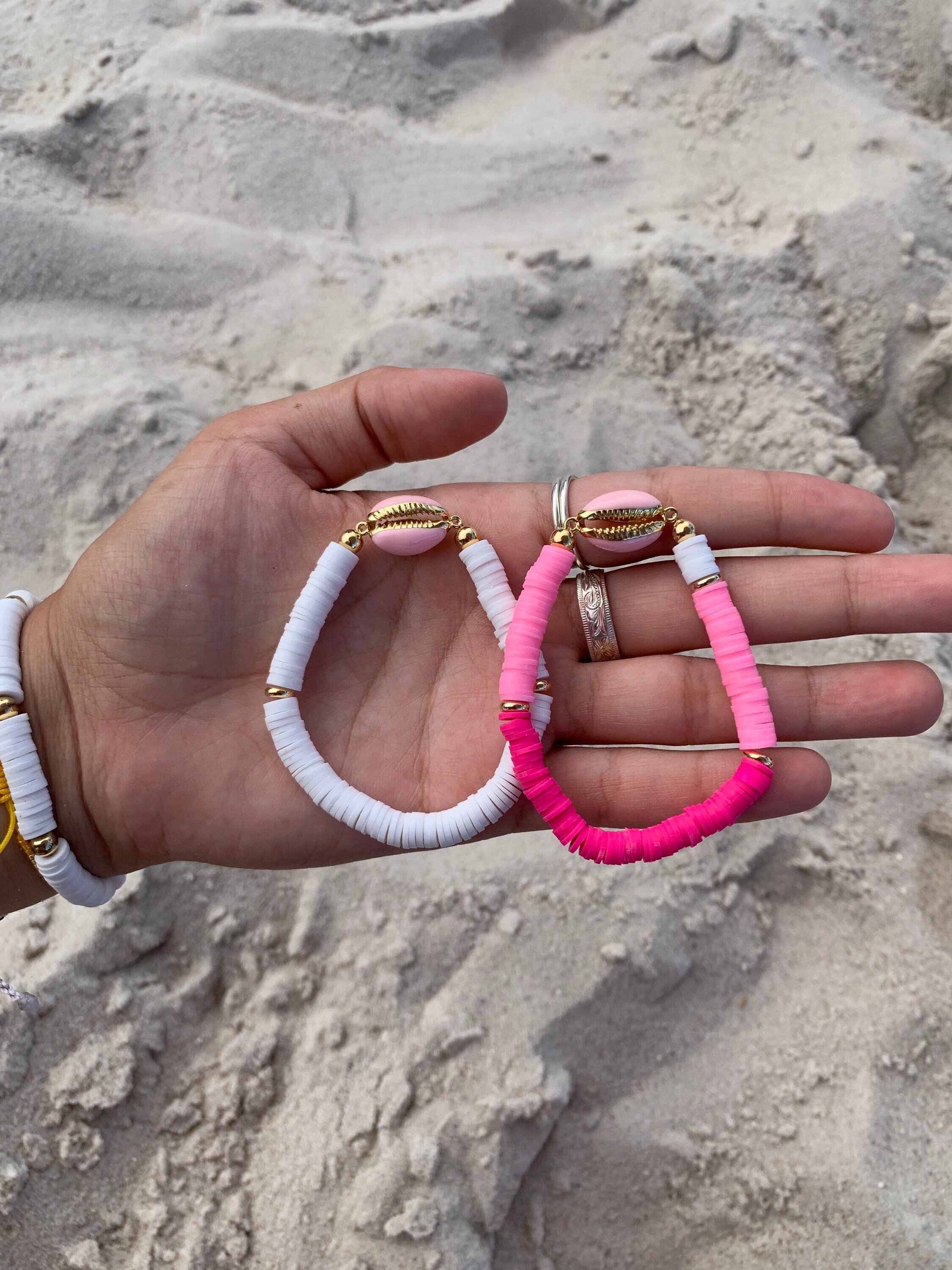 Pink Puka Shell Bracelet Bracelet Set Polymer Clay Disc Bead Bracelet