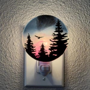 Handcrafted Woodland Nightlight – Sunrise Forest with Pink – Manual or Light Sensor Plug-In