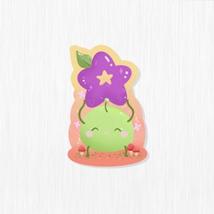 May include: A green cartoon character with a purple star on its head and a happy expression. The character is surrounded by pink and yellow swirls and has two small red mushrooms on either side of it.
