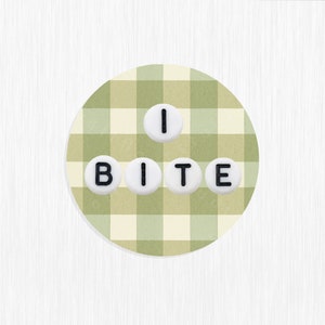 I Bite Sticker, Letter Bead Sticker, Origional art, illustration, quirky stickers, gingham stickers, art, small artist, coquette, vinyl
