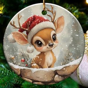 Cute Reindeer Ornament, Christmas Ornament, Holiday Decor, Deer with Santa Hat, Animal Ornament, Gift Idea, Festive Ornament, Xmas Ornament
