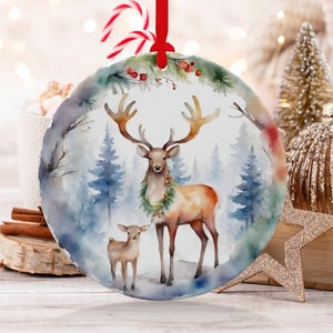 Christmas  Ornament, Christmas Decoration, Holiday Gift Idea, Heirloom Keepsake, Round Ceramic, Gift Exchange, Gift Idea, Deer
