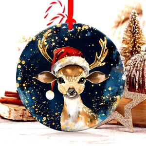 Christmas Reindeer Ornament, Holiday Deer Decor, Santa Hat Reindeer Decoration, Festive Tree Ornament, Holiday Season Gift