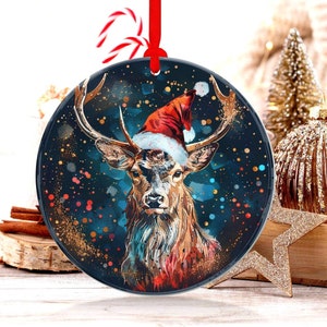 Festive Deer Christmas Ornament, Christmas Tree Decoration, Rustic Holiday Decor, Santa Hat Deer Ornament, Woodland Animal Decor