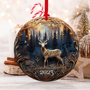 Deer Ornament, Reindeer Ornament, Christmas Decoration, Holiday Gift Idea, 2023 Heirloom Keepsake, Round Ceramic, Bauble Present