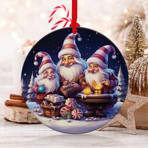 Christmas  Ornament, Christmas Decoration, Holiday Gift Idea, Heirloom Keepsake, Round Ceramic, Gift Exchange, Gift Idea, Gnome