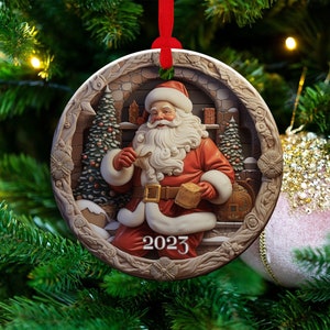 Santa 2023 Ornament, 2023 Christmas Decoration, Holiday Gift Idea, Heirloom Keepsake, Round Ceramic, Bauble Present, Vintage Santa