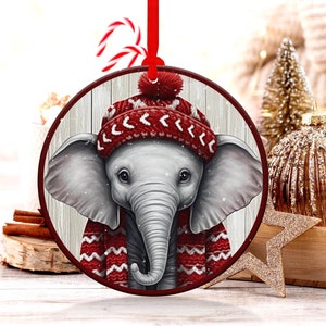 Cute Baby Elephant Ornament, Holiday Elephant Decor, Christmas Animal Ornament, Adorable Elephant with Winter Hat, Unique Animal Gift