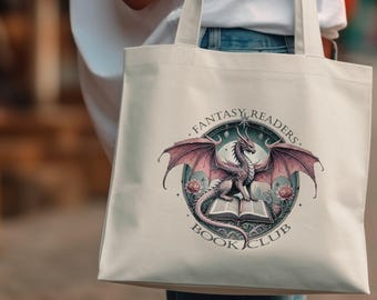Sac fourre-tout club de lecture Fantasy Readers, sac fourre-tout illustré de conception de dragon, sac à provisions réutilisable pour les amateurs de livres, idée cadeau littéraire