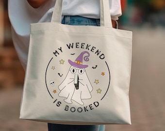 Bonita bolsa de mano con diseño de fantasma leyendo, diseño de sombrero de bruja, temática mágica de Halloween, divertida bolsa de mano para amantes de los libros, regalo para amantes de los libros, bolsa de mano espeluznante