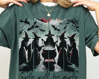 Koszula Vintage Girls Will Be Girls Witch Comfort Colors, Zabawna koszula Vintage Witch, Koszula damska Vintage Halloween, Koszula Witchy Vibes