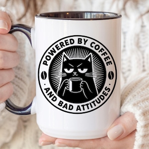 Funny Cat Coffee Mug, Powered By Coffee And Bad Attitudes Mug, Cat Lover Gift, Cute Cat Coffee Cup, Funny Office Mug, Gift For Cat Lovers