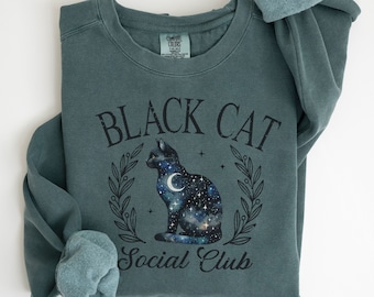 Comfort Colors Black Cat Social Club T-Shirt, Starry Night Cat Design Tee, Graphic Shirt, Cat Lover Gift, Cosmic Cat Art Sweatshirt