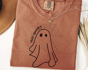 Comfort Colors Stay Spooky Ghost Graphic T-Shirt, Halloween Ghost Shirt, Cute Spooky Tee, Ghost Spiderweb Shirt, Fun Ghost T-Shirt