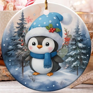 Winter Penguin Ornament, Holiday Decoration, Christmas Tree Decor, Cute Animal Ornament, Snowy Scene, Gift Idea, Christmas gift idea