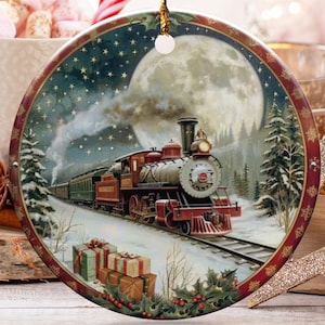 Vintage Train Ornament, Christmas Steam Train Ornament, Winter Moonlight Train, Holiday Ornament, Gift Wrapped, Xmas Tree Decor, Xmas gift