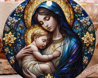 聖母マリアとイエスの聖像：ステンドグラス風クリスマスオーナメント