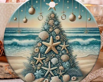 Coastal Christmas Ornament, Beach Holiday Decor, Starfish Seashell Tree Ornament, Tropical Xmas, Unique Nautical Gift, Beach Theme Ornament